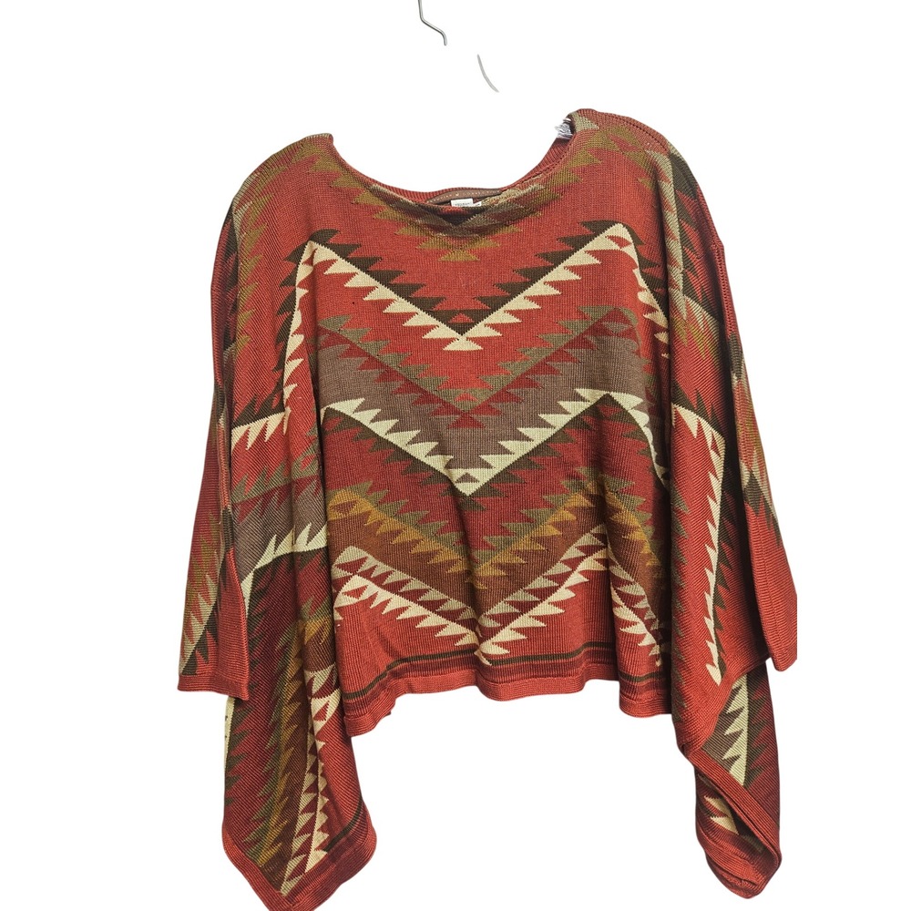 Peruvian Connection Pima Cotton Poncho Sweater Southwestern Geometric Red Small
